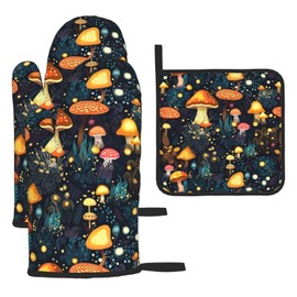 Cute Mushroom Oven Mitts And Pot Holders Sets of 3,Heat Resistant Washable Oven Mitts,Hippie Witchy Gifts, Cooking Grilling Baking gifts for Women Mom Wife,Mushroom Gifts for Women,House Warming Gifts