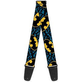 Guitar Strap Bat Signals Stacked Close Up Blue Black Yellow 2 Inches Wide