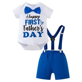 Yruiz Baby Boy Happy First Father's Day Romper Outfit Shorts Set Bow Tie Suspenders Set（0-3 Months）