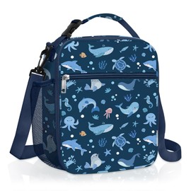 Clastyle Blue Sea Animals Insulated Lunch Bag for Kids, Portable Large Thermal Cooler Lunch Bag for Boys, School Lunch Box Bag with Bottle Holder