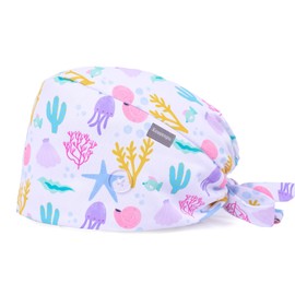 Starfish Jellyfish Print Surgical Scrub Cap for Women, Adjustable Medical Hat with Sweatband, Cartoon Animal Bouffant