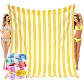 Oversized Giant Turkish Beach Towel Blanket Extra Large XXL Lightweight Quick Dry Sand Free Boho Throw Pool Cloud Sandrpoof Blankets Women Men Big Jumbo Wide 2 Person Size Yellow Vertical Stripe