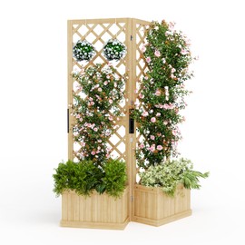 Cedar Privacy Screen with Planter Box - 41"x10"x65" Outdoor Garden Fence Panel, 2 Hinged Freestanding Screens with Drain Holes, Natural Wood Room Divider for Patio Deck Backyard, Raised Bed Kit, Easy