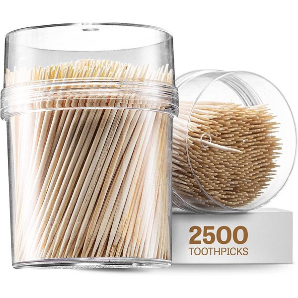 Prestee 2500ct Wooden Toothpicks + Reusable Toothpick Holder Container, Light