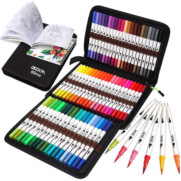 M ZSCM Color Pens, 60 Colors Set, Watercolor Brushes, Artist Drawing Brushes, Fine Point, Dual Tip, Art Marker Pen Set, Painting Brushes, Coloring Book, Office Supplies, Stationery