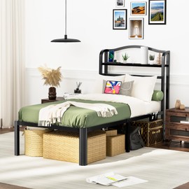 Twin XL Bed Frames with Headboard Metal Bed Frame Twin XL Size 18 Inch Tall Twin XL Bed Frame No Box Spring Needed Black Platform Bed Frame with Charging Station Bedside Box(Black-18", Twin XL)