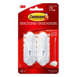 Command Wire Hooks, Medium, White, 2 Hooks 4 Medium Strips