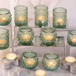 DARJEN 12Pcs Green Votive Candle Holders with 12Pcs Tea Lights Candles- Round Glass Candle Holders Bulk for Table Centerpiece, Tea Lights Candle Holders for Wedding Home Party & Gift