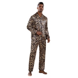 WDIRARA Men's Satin Leopard Lapel Neck Button Down Long Sleeve Top and Pants 2 Piece Pajama Set Khaki Small