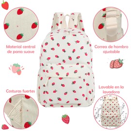 Mochila de Pana con Fresas,Mochila Kawaii con Lindo Estampado de Fresas, Mochila Escolar de Gran Capacidad,Mochila para Laptop,Bolsa de Viaje,Mochilas Bonitas para Estudiantes, Mujeres (Beige)