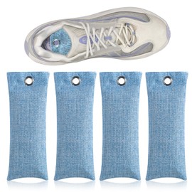 Natural Shoe Odor Eliminator, 4 Pieces Bamboo Charcoal Air Purifying Bags,Charcoals Shoe Deodorizer,Bamboo Charcoal Bags,Sneaker Deodorizer And Moisture Absorbers For Gym Bag, Car 75g x 4 (Blue)