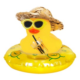 Car Rubber Duck with Yellow Swim Ring,Straw Hat and Holiday Sunglasses Car Ornaments Summer Party Favors Baby Bath Toy Duck with Mini Lemon Tea