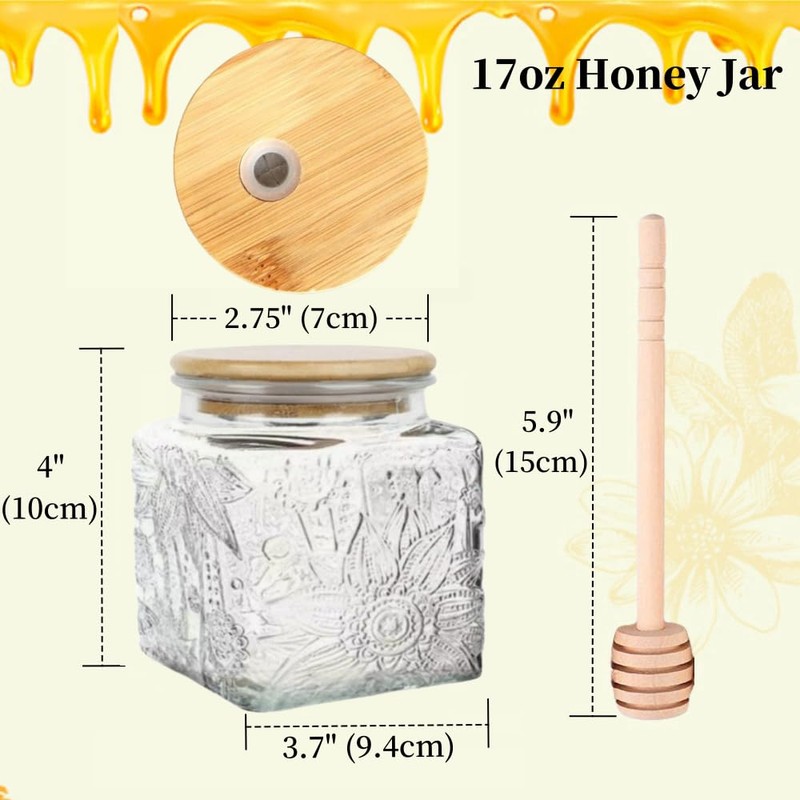 ANSQU Honey Pot, Airtight Glass Honey Jar with Bamboo Lid