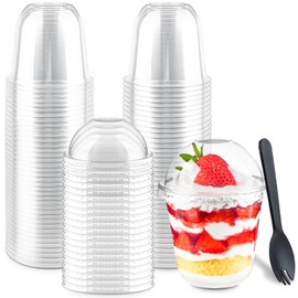 Zezzxu 50 Pack 10 oz Clear Plastic Dessert Cups with Dome Lids (No Hole) and Sporks, Disposable Yogurt Parfait Cups with Lids for Fruit Salad Ice Creams Pudding Cakes