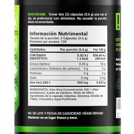 Extracto de Aloe Vera de 240 Cpsulas de Gel 600 mg por porcin. Ingredientes naturales. Aloe Vera B Life.                                              