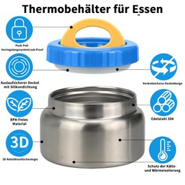 Smlper Thermal Food Container, 250 ml/350 ml, Stainless Steel Children's Container with Double Lid, Portable Thermal Food Container, Handle Insulating & Vacuum Insulated