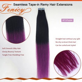 Fenicy Tape in Human Hair Extensions Ombre Jet Black to Purple Seamless Skin Wefts Tape on Real Remy Hair Extensions 16inch 20pcs