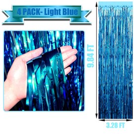 HalloweenDecorate 4 Pack Lake Blue Foil Fringe Curtain Backdrop, 3.3Ft x 9.8Ft Metallic Tinsel Foil Fringe Streamers Curtains for Photo Lake Blue 9.84Ft Lake Blue 9.84Ft