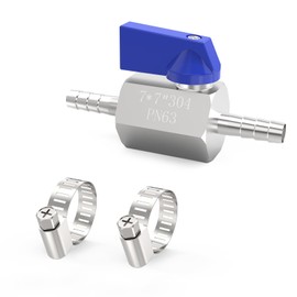 ChillWaves 304 Stainless Steel Mini Ball Valve, Shut Off Switch Ball Valve 1/4" Barb with Hose Clamp for Water、Gas、Fuel、Drip Irrigation and Aquariums(1-PACK)