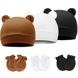 DRESHOW BQUBO Newborn Baby Hats Mittens Set Hospital Hat Beanie Bear Ears Preemie Infant Cotton Caps Gloves No Scratch Mittens for Baby Boys Girls 0-3 Months