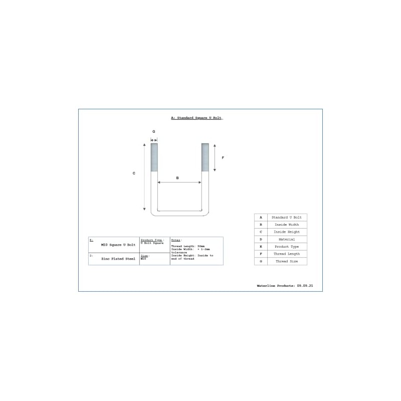 U Bolt Square M10 Thread with Back Plate 50mm Inner