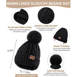 Women Beanie Hat Scarf Gloves Set, 3 PCS Winter Warm Pom Pom Beanie Hat Skull Cap Long Knit Neck Scarf & Touchscreen Gloves Set for Cold Weather, Christmas Holiday Gifts for Mom Wife Friend Sister Her