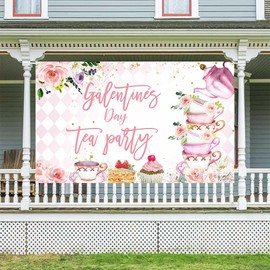 Ticuenicoa Romantic Happy Galentine's Day Tea Party Banner - 70.8x43.3 Inches Backdrop for Girls' Valentine's Day Decorations and Photography Supplies