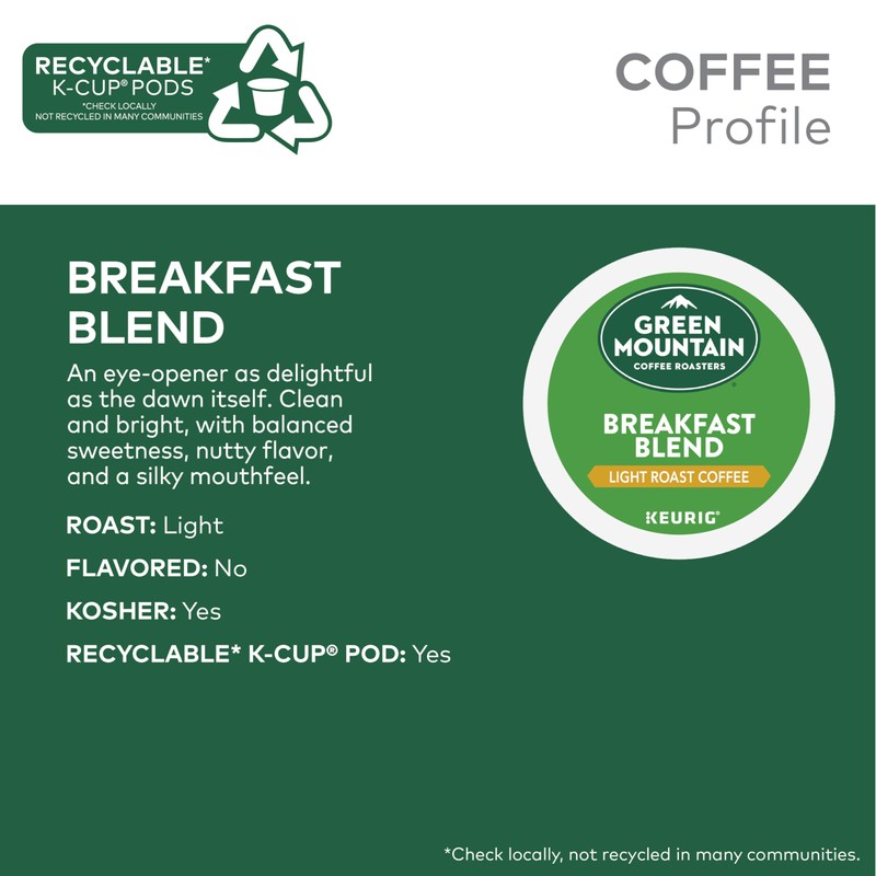 Green Mountain Coffee Breakfast Blend Single-Serve Keurig K-Cup Pods Light
