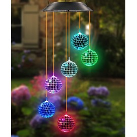 Kwaiffeo Solar Wind Chimes for Garden, Solar Wind Chimes Outdoor Waterproof 7 Color Changing with 6 Disco Ball, Birthday Gifts for Women Mom Grandma, Unique Gardening Gifts