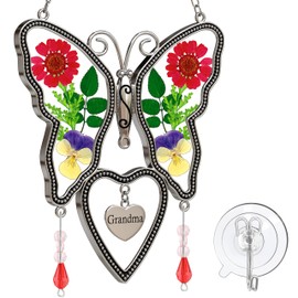 KUNDGLA Butterfly Suncatcher Grandma Heart-Shaped Glass Suncatcher with Pressed Flower Grandma Gifts Wind Chimes with Real Flowers, Pendant Grandma Birthday Gift for Indoor or Outdoor Décor