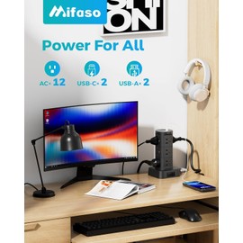 Surge Protector Power Strip Tower - Flat Plug Power Strip with 12 Outlets 4 USB Ports (2 USB C), 10FT Extension Cord, Multi Plug Outlet Extender Overload Protection for Home, Office and Dorm, Black