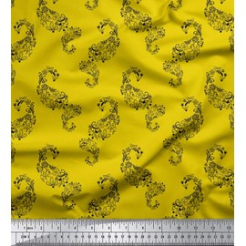 Soimoi Yellow Cotton Duck Fabric Black Sketch Floral & Paisley Print Fabric by The Yard 42 Inch Wide