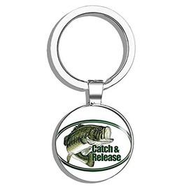 HJ Media Oval Largemouth Bass Catch & Release (Fish Fishing Lure) Metal Round Metal Key Chain Keychain Ring