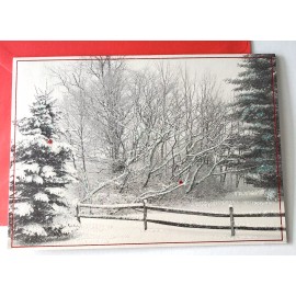 Christmas Card Glittery Snowy Winter Scene with Fence Trees and Red Birds