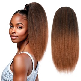 UAmy hair Long Yaki Straight Drawstring Ponytail for Black Women 16inch T30 Shoulder Length Synthetic Slight Kinky Straight Ponytail Extension Clip in for Daily Party Use(T1B/30 Mix Black and Brown)