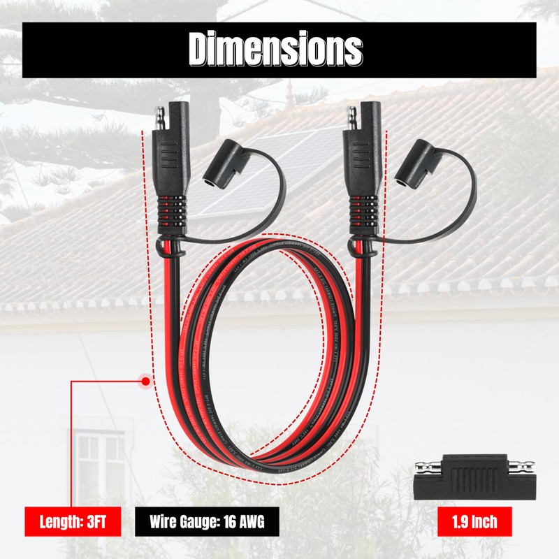 3FT 16AWG SAE Extension Cable, 16 AWG SAE to SAE