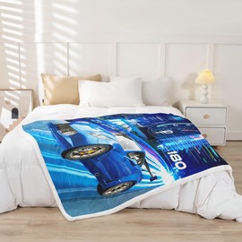 Boys Race Car Fleece Throw Blanket Cool Sports Car Sherpa Blanket for Kids Boys Girls Extreme Sports Plush Blanket Blue Automobile Car Fuzzy Blanket for Sofa Bed Couch, 60x80 Inches