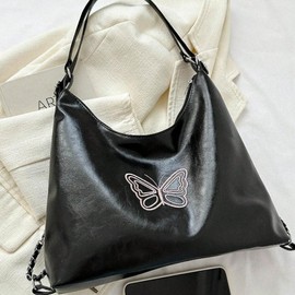 Butterfly Decor Pu High Capacity Zipper Closure Fashion Shoulder Bag Suitable For Women - Color: BLACK