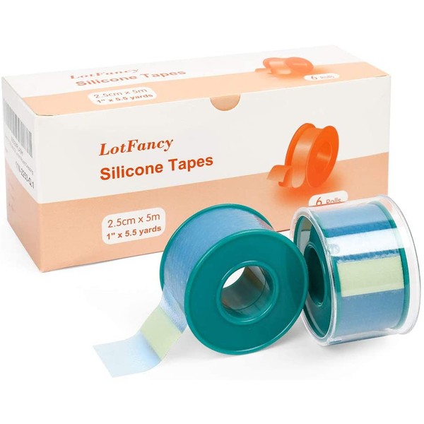 LotFancy Medical Soft Silicone Tape, 1" x 5.5 Yards, 6 Rolls Transparent Adhesive Water-Proof Surgical Tape, Pain-Free Removal, Surgery First Aid Tape for Wound and Sensitive Skin, Latex Free
