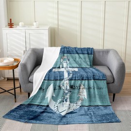 Feelyou Anchor Decor Rustic Wooden Flannel Fleece Throw Blanket Queen 90"x90" Nautical Themed Tie Dye All Season Bed Blanket Ocean Blue Teal Fuzzy Blanket Breathable Nautical Plush Blanket Luxury