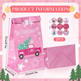 Liobelon 12 Pieces Christmas Goody Bags with Stickers Pink Christmas Paper Treat Bags Snowman Santa Claus Xmas Goodie Bags Candy Treat Cookies Bag for Winter Holiday Party Gift Wrapping Decorations