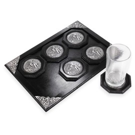 AeraVida Vintage Elephant Pewter Embellish Wooden Coaster Set and Tray | Decorative Wooden Coaster | Wooden Drink Coaster for Drinks | Housewarming Kitchen Home Coaster | Elephant Coasters