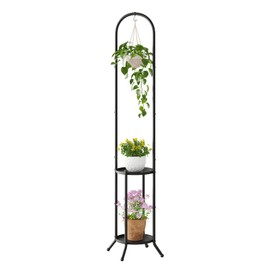 Wieghda 2-Tier Metal Plant Stand with Hanging Hook, Indoor Outdoor Plant Shelf (Black)