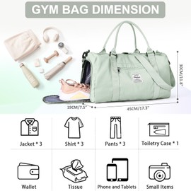 Gym Bag for Women Men with Shoes Compartment,Sports Duffle Bag Personal item travel Duffel Bags Tote Bag Small Carry on Weekender Overnight Bag Workout Dance Bag Hospital Holdalls Mint Green