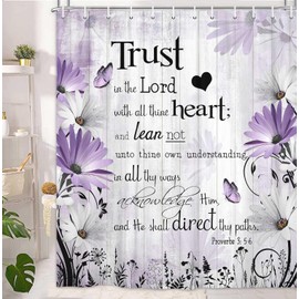 Bible Verse Inspirational Quote Shower Curtain, Purple Floral Daisy Trust in The Lord Waterproof Fabric Shower Curtain, Rustic Farmhouse Butterfly Bathroom Shower Curtain with 12PCS Hooks, 70X75IN