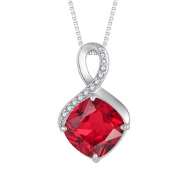 FJ Infinity Chain Women's 925 Sterling Silver Square Princess Cut Necklace Pendant Birthstone Jewellery Gifts for Women, Cubic Zirconia, Ruby