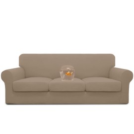 Easy-Going 100% Dual Waterproof 4 Pieces Stretch Soft Couch Cover for Dogs, Sofa Slipcover for 3 Separate Cushion Couch Leakproof Furniture Protector for Kids, Pets Camel