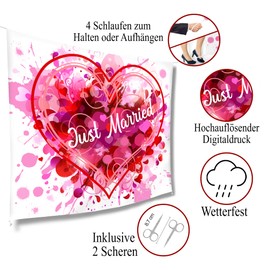 VVTB Wedding Heart to Cut Out 240 x 200 cm Weatherproof Printed Bed Sheet Just Married for the Bride and Groom Including 2 Scissors Perfect Wedding Gift