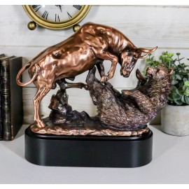 Wall Street Stock Market Charging Bull Trouncing Bear Statue With Pedestal Base