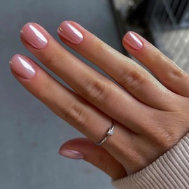 Qsnidy Press on Nails Square - Pearlescent Pink Glazed Fake Nails Short Acrylic Full Cover Glue on Nails in 12 Sizes - 24 Piece Nail Kit，Natural Fit for Women & Girls Daily Wear